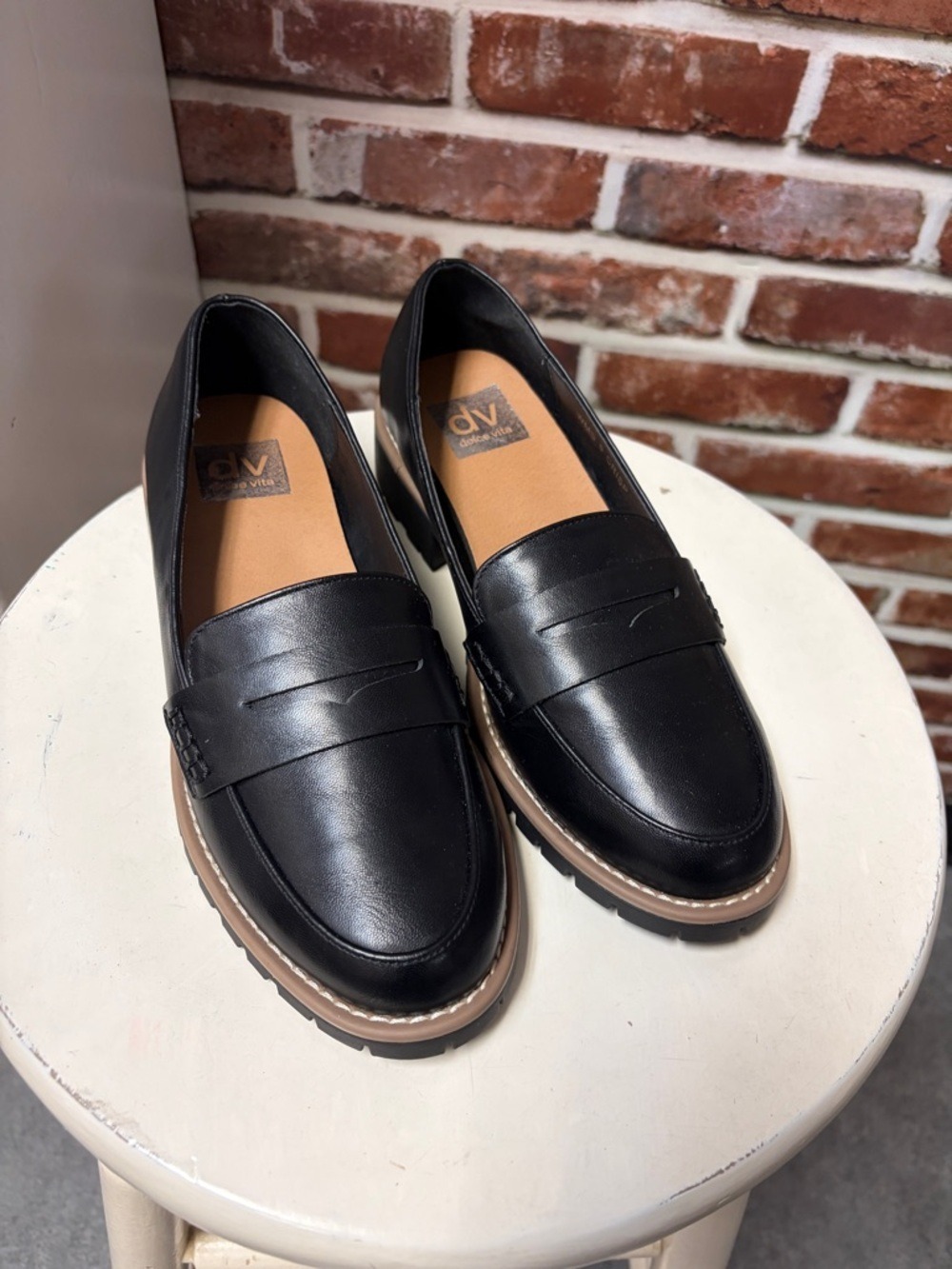 Dolce Vita Black Leather Penny Loafers with Tan Trim